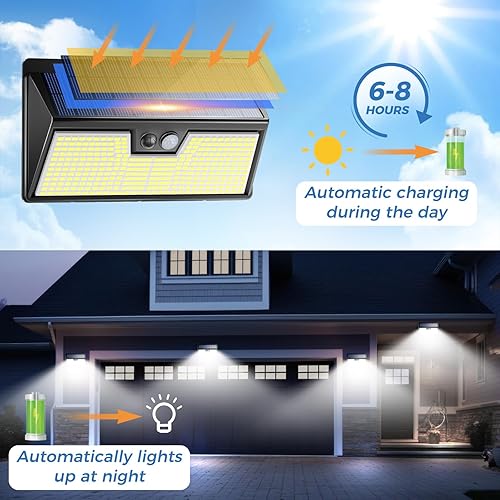 Miniatura 6 de Peasur Luces solares con sensor de movimiento para exteriores, paquete de 2 unidades, 3 modos, 318 LED, luz de pared con energía solar IP65,