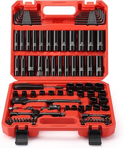 Mechanics Tool Set 111Pcs, Metric(8-15mm) & SAE(5/16"-3/4") Socket Set, CR-V Deep & Shallow Socket Kit with Quick Release Ratchet, Drive Adapters, Universal Joint, Hex Key Set & Bit Set