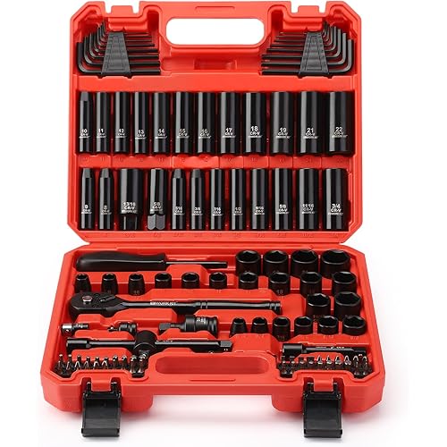 Mechanics Tool Set 111Pcs, Metric(8-15mm) & SAE(5/16"-3/4") Socket Set, CR-V Deep & Shallow Socket Kit with Quick Release Ratchet, Drive Adapters, Universal Joint, Hex Key Set & Bit Set