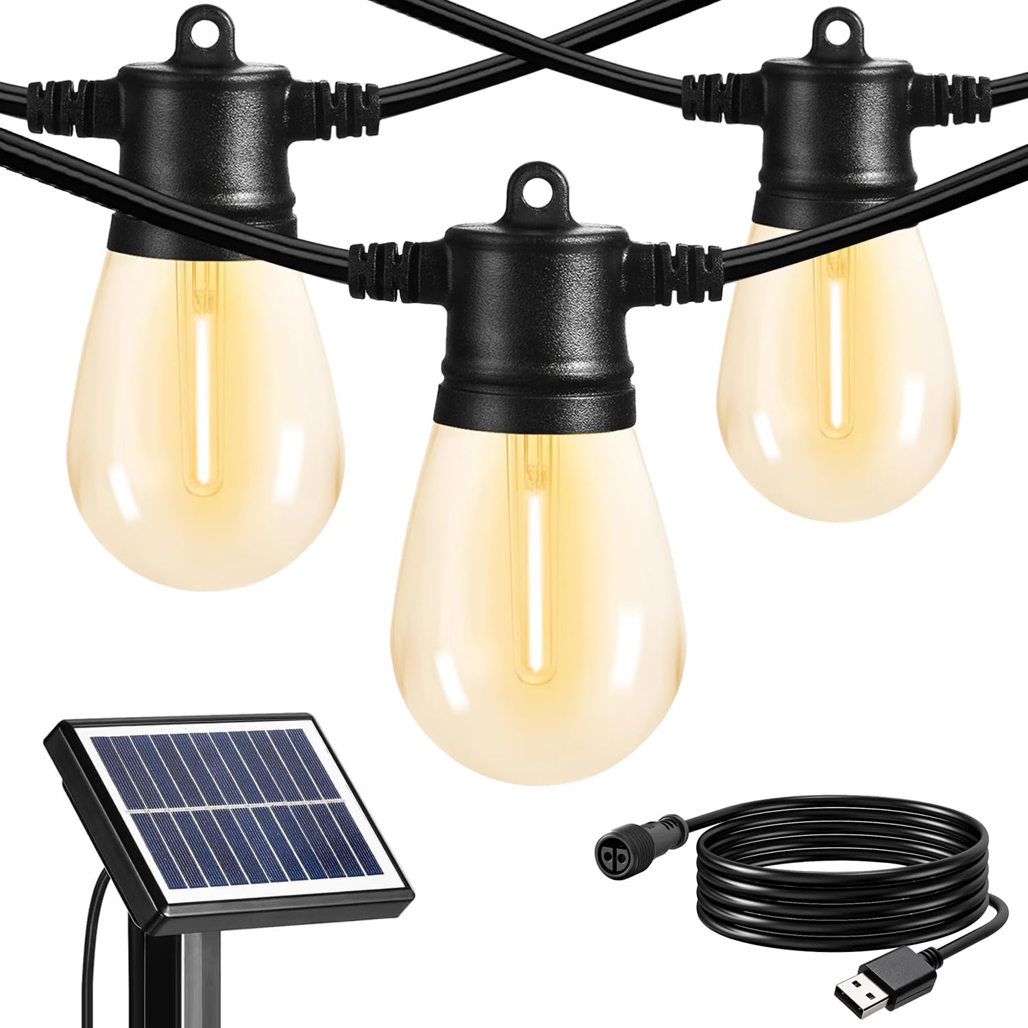 SUNTHIN Outdoor Solar String Lights, 48ft Solar Patio Lights with USB Rechargeable, Waterproof & Shatterproof Solar Powered Bulbs for Yard, Porch, Garden, Pool, Party, Camping