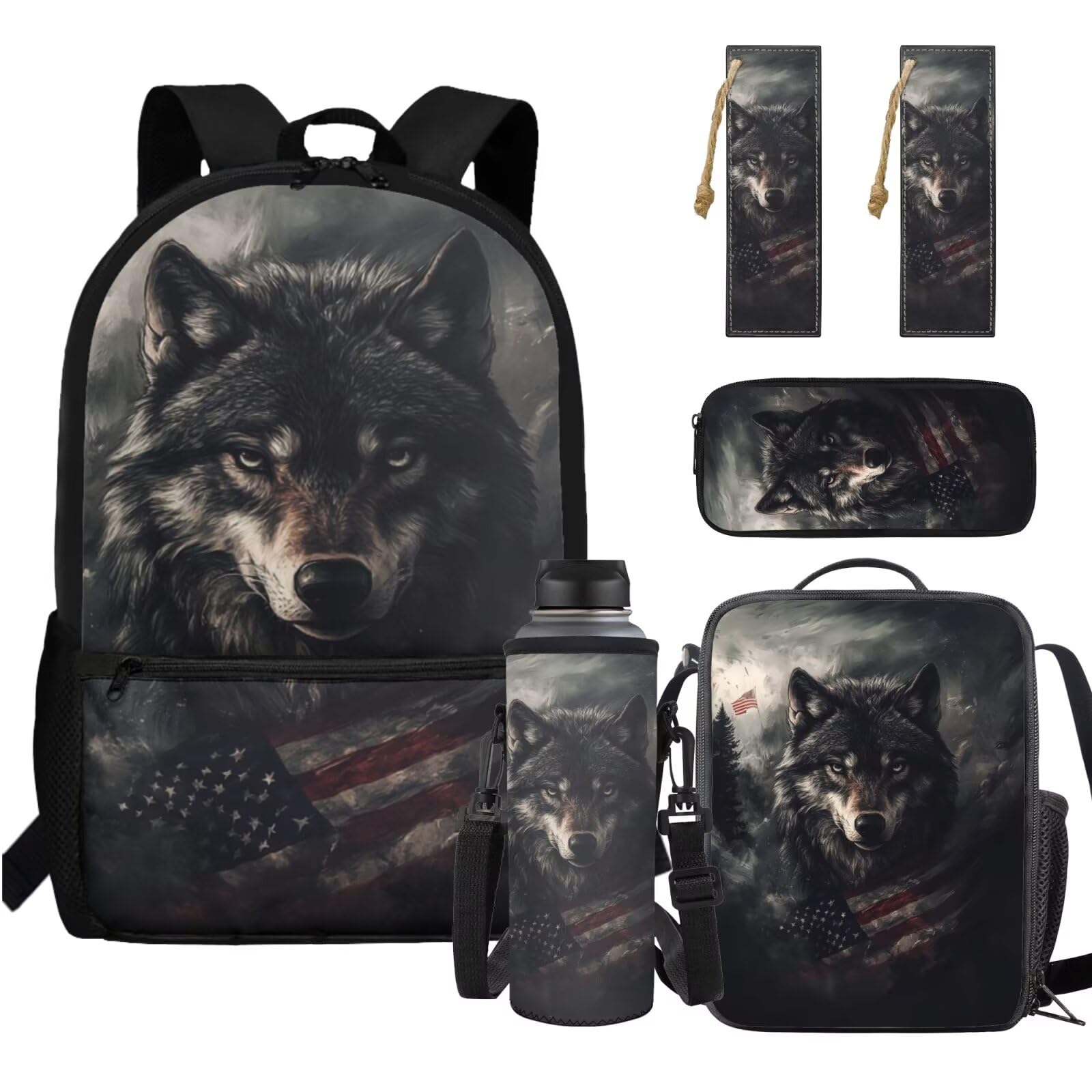 ELEDIZI American Flag Wolf Backpack for Boys Kids Backpack with Lunch Box Water Bottle Holder Soft Pencil Case and Leather Bookmark 5Pcs Set 17"