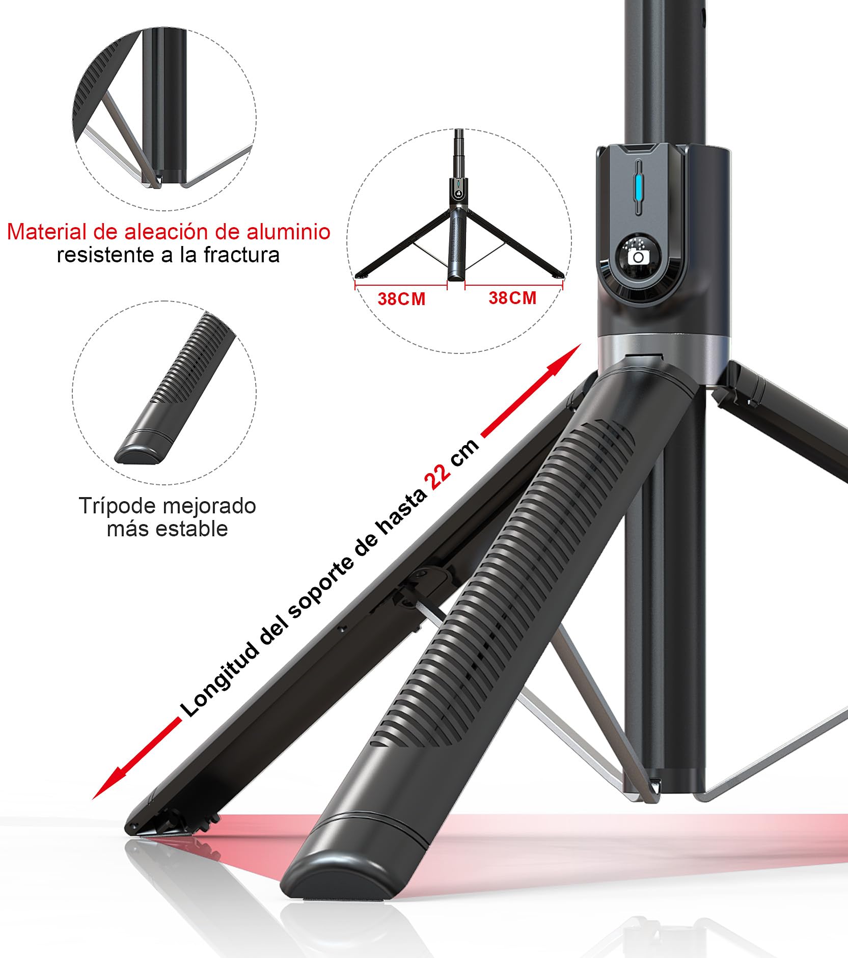 ASHINER Palo Selfie Tripode para Movil - 180cm Soporte de Teléfono con Control Remoto y Luces LED de Relleno para Viajes, Vlogging, Video, Fotos, Compatible con iPhone, Android