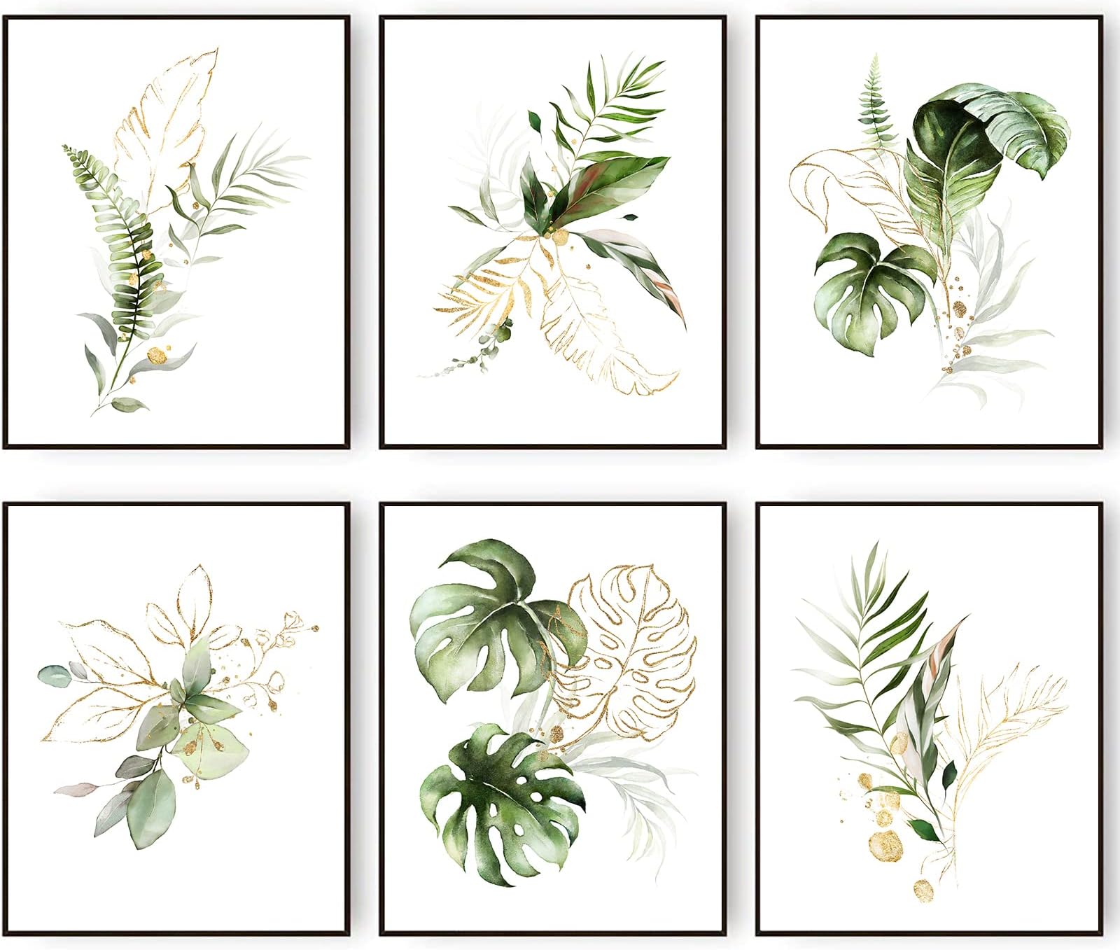 HUZAIGEGEBotanical Leaf Wall Art Prints Watercolor Plant Leaves Canvas Prints Poster for Bedroom Living Room Office Wall Decor Gold and Sage Green Floral Leave Wall Picture (8"x10" UNFRAMED)