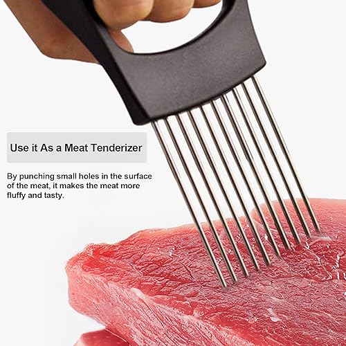 Miniatura 5 de JAYVAR Soporte de cebolla para rebanar, 3 piezas de rebanador de tomate, picador de cebolla de acero inoxidable, cortador de verduras para papas y