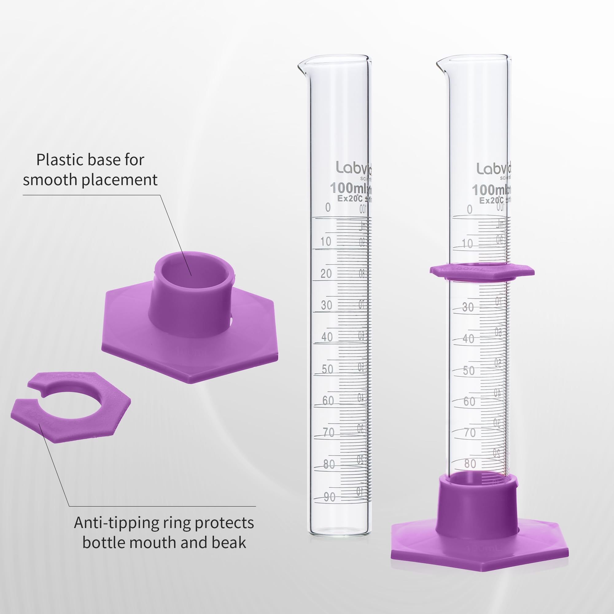 LVE004 - Set di cilindri graduati in vetro borosilicato da 100 ml, con base esagonale in plastica e spazzola, classe B (4 pezzi), LVE004