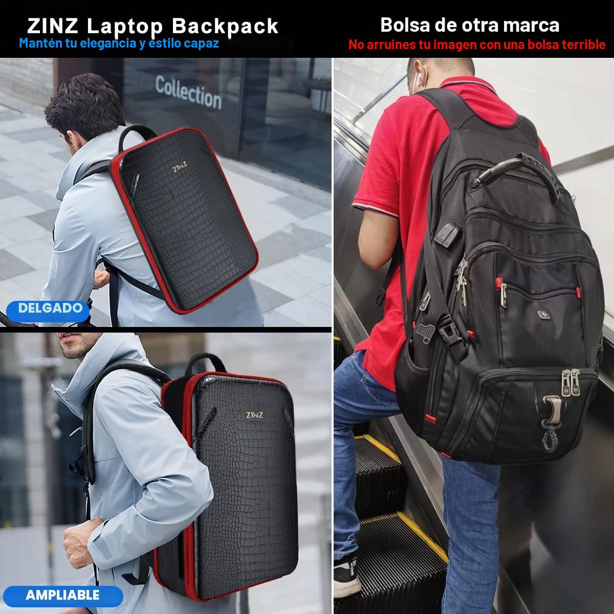 ZINZ Mochila Delgada para Computadora Portátil de 15,6" con Capacidad Variable, Mochila de Negocios Antirrobo, Mochila de Viaje Resistente al Agua con Carcasa de Cuero,B02RD01
