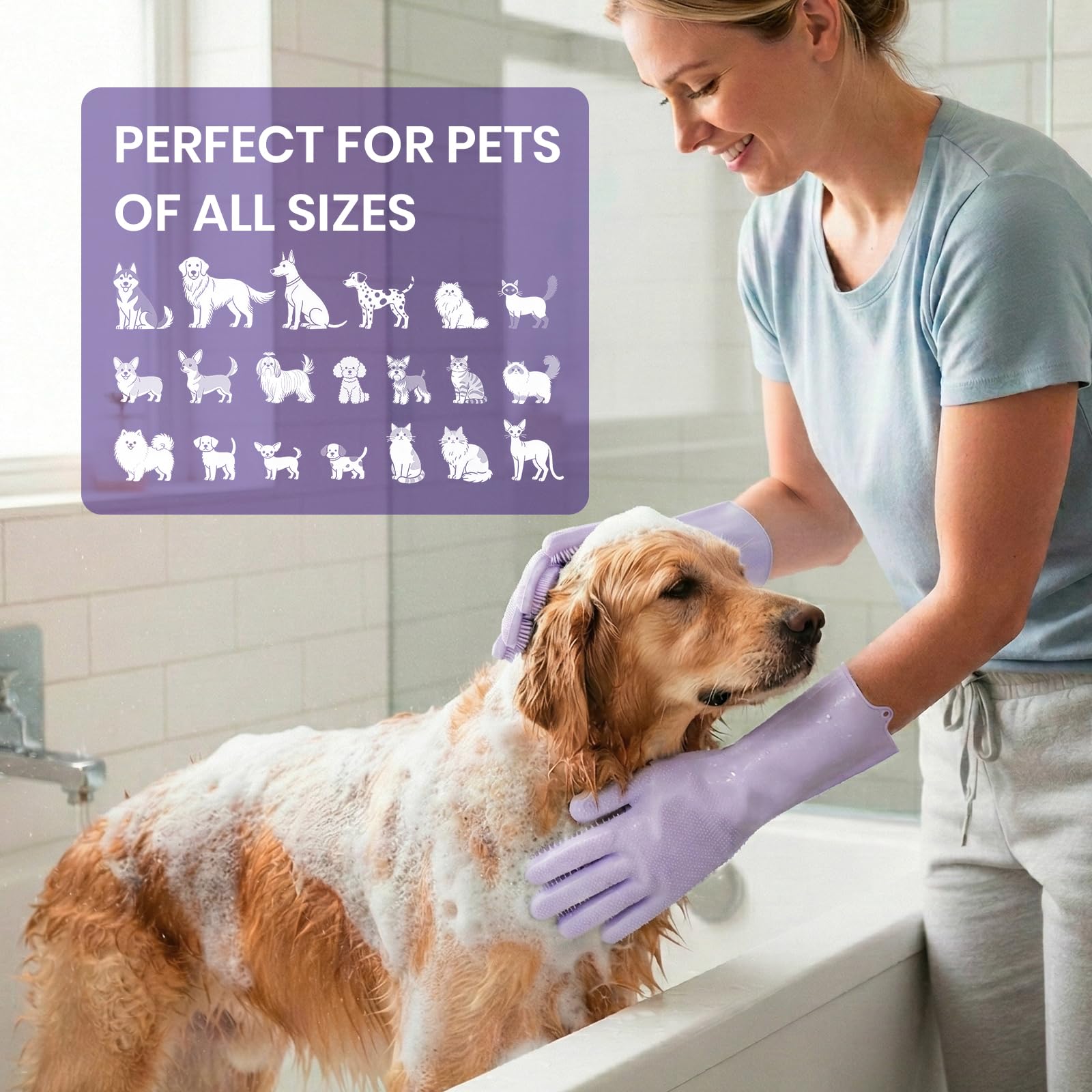 DELOMO Pet Grooming Gloves 1 Pair: Soft and Gentle Silicone Dog Washing Gloves - Bathing Scrubber Brush Mitt Grooming Shedding Fur Removal Massage for Dogs/Cats/Horse, Purple - image 5