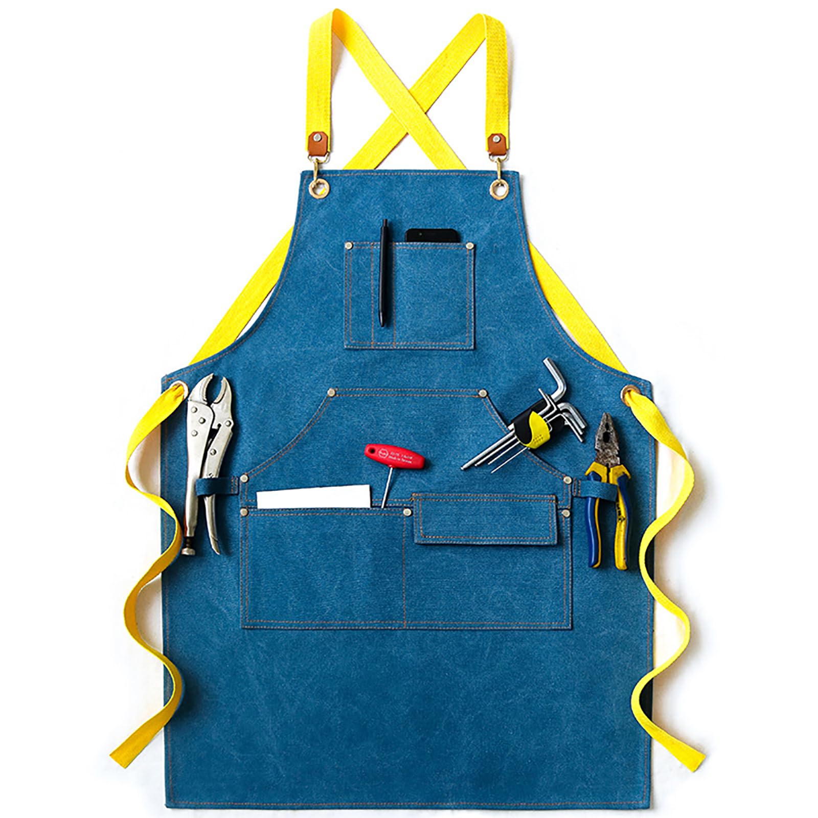 Delantal de Cocina Ajustable de Lona con Bolsillos, Delantal de Trabajo Profesional, Grandes Hombre Resistente al Agua y Antimanchas Delantales para Jardín, Taller, Trabajo,Azul