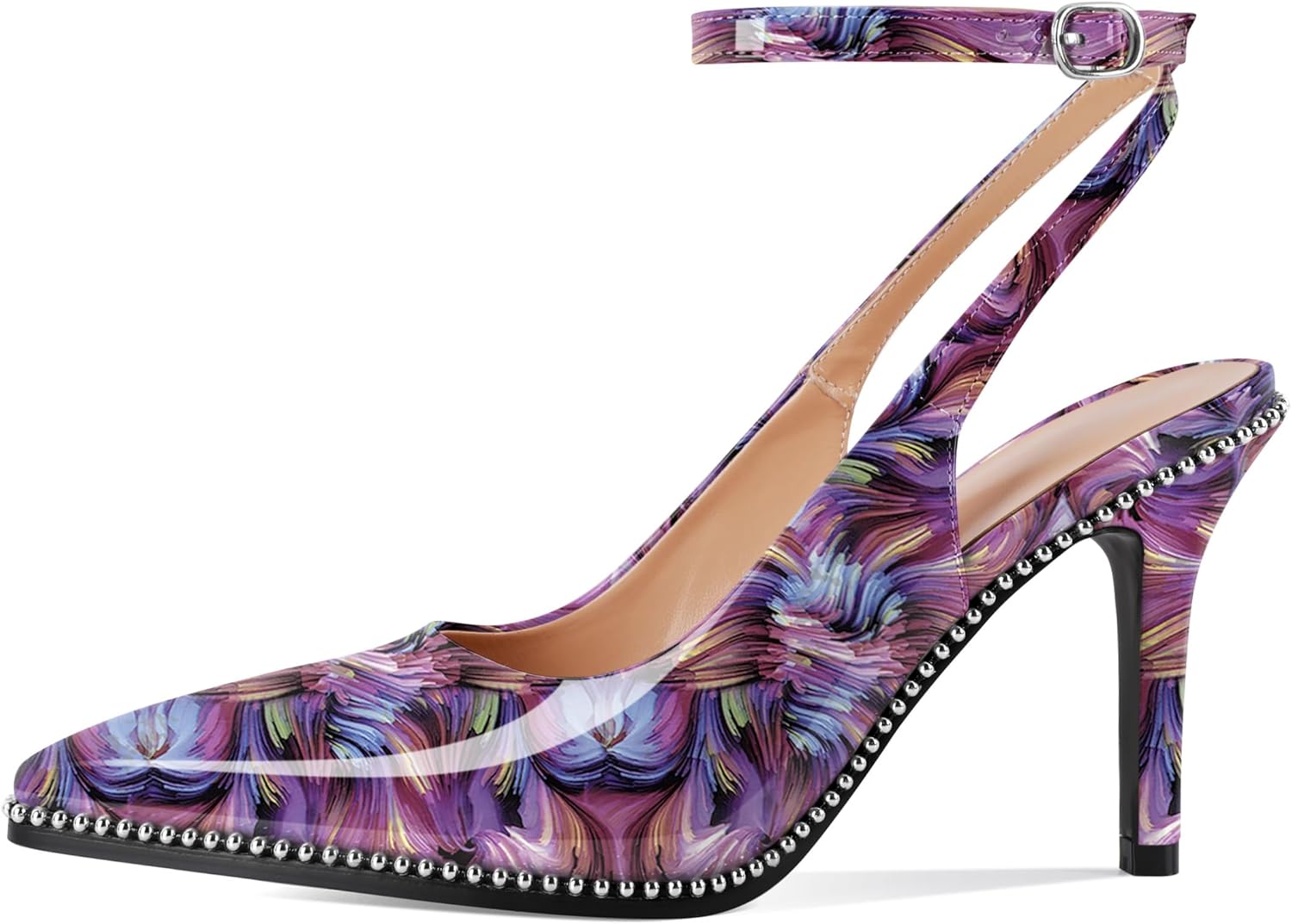 Soireelady Women's Slingback Heels Ankle Strap Pointed Toe Stilettos High Heel Beaded Pumps Dress Shoes 3.5 Inches