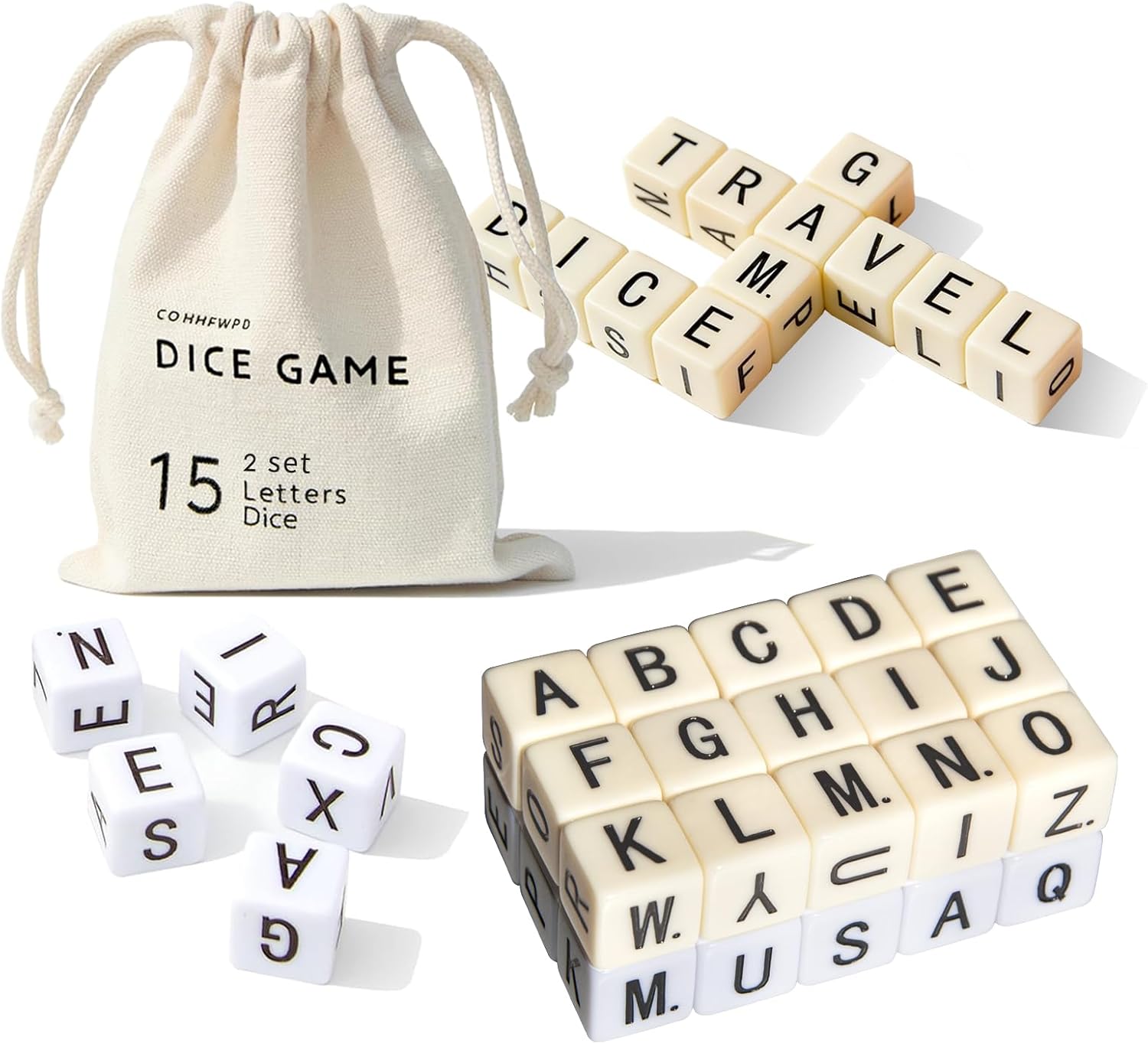 Full Alphabet Crossword Dice Game | Upgraded | 2 Sets of Word Dice - 30 Large Lettered Dice | Fun Family, Travel & On-the-Go Word Game