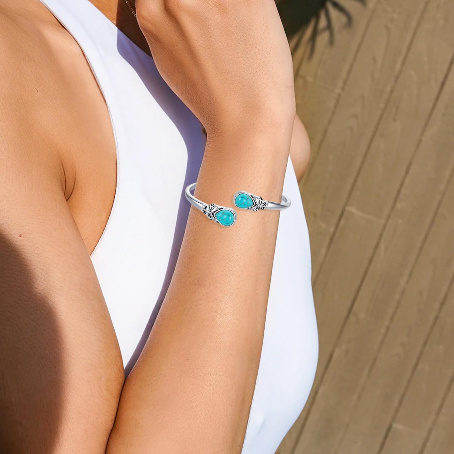 Genuine Turquoise Butterfly Bracelet, Sterling Silver Boho Teardrop Stone Adjustable Bangle Cuff Native American Jewelry for Women, Fit for 6.5 7 7.5 Inches - Image 5