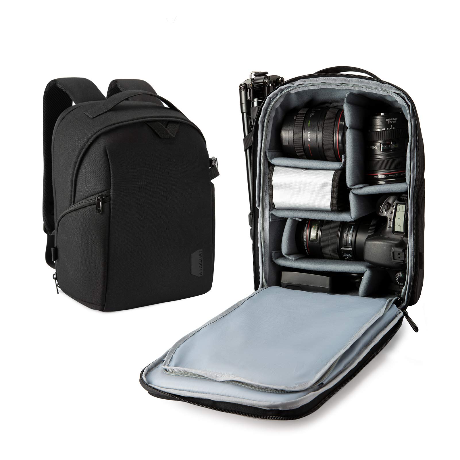 bagsmart Kamerarucksack, DSLR SLR Kameratasche Passend für 13,3-Zoll Laptops, Wasserfeste Fotorucksack mit Regenschutz, Stativhalter, Schwarz Mittel