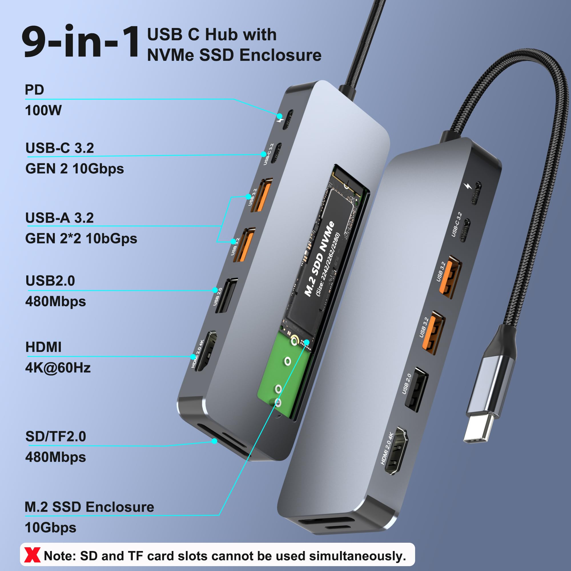 Stacja dokująca USB C z obudową M.2 NVMe SSD 10 Gb/s, koncentrator USB-C 9 w 1, gniazdo SSD typu C z HDMI 4K przy 60 Hz, USB 3.2 Gen2, PD100W, czytnik kart SD/TF, stacja dokująca do laptopa Dell / HP