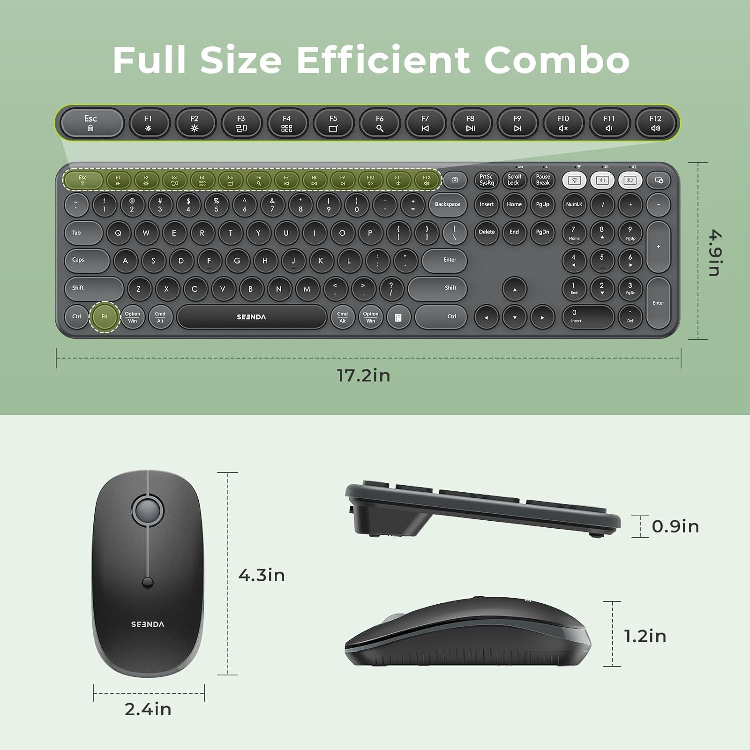 seenda Wireless Bluetooth Keyboard and Mouse Combo, COE202 Retro Cute Round Keycaps, 3 Multi-Device Connection, Full Size Keyboard Compatible for PC/Laptop/Mac/MacBook/iPad/Tablet, Black