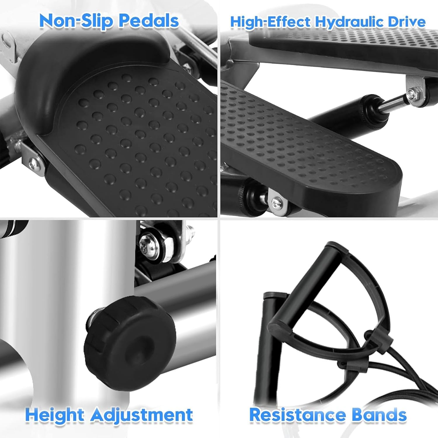 Close-up of stepper features: non-slip pedals, hydraulic drive, height adjustment knob, and resistance bands