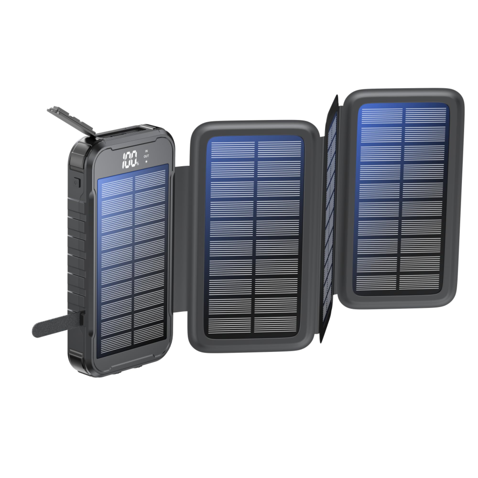 Boompods Neutron 16000mAh Faltbare Solar Powerbank - Tragbares Ladegerät mit Schnellladefunktion, Power Bank mit Solarpanel, 2X USB für Handy und Tablet, Camping-Taschenlampe, Schwarz