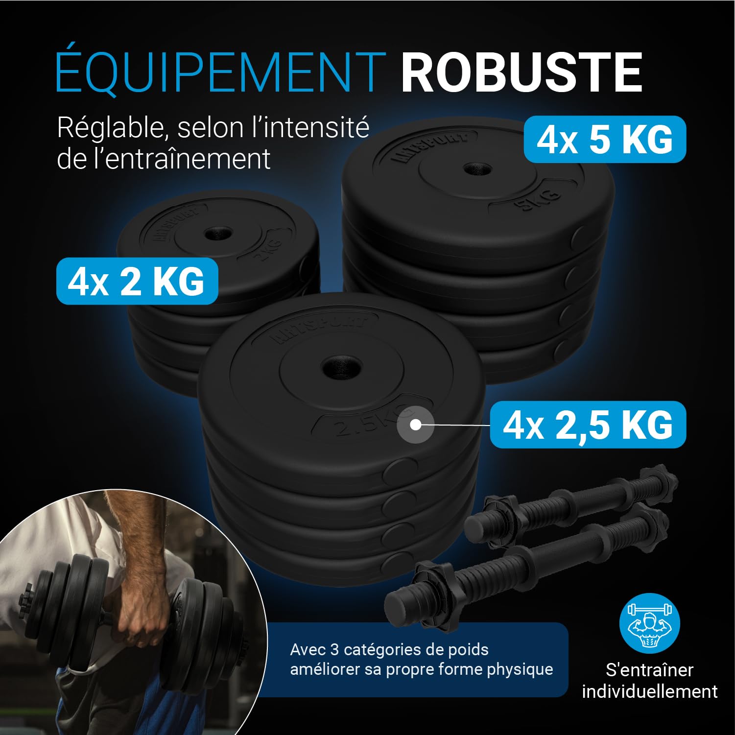 ArtSport ensemble d'haltères 20/30 / 40 kg - ensemble d'haltères courts avec 2 haltères courts, poids et 4 fermetures en étoile
