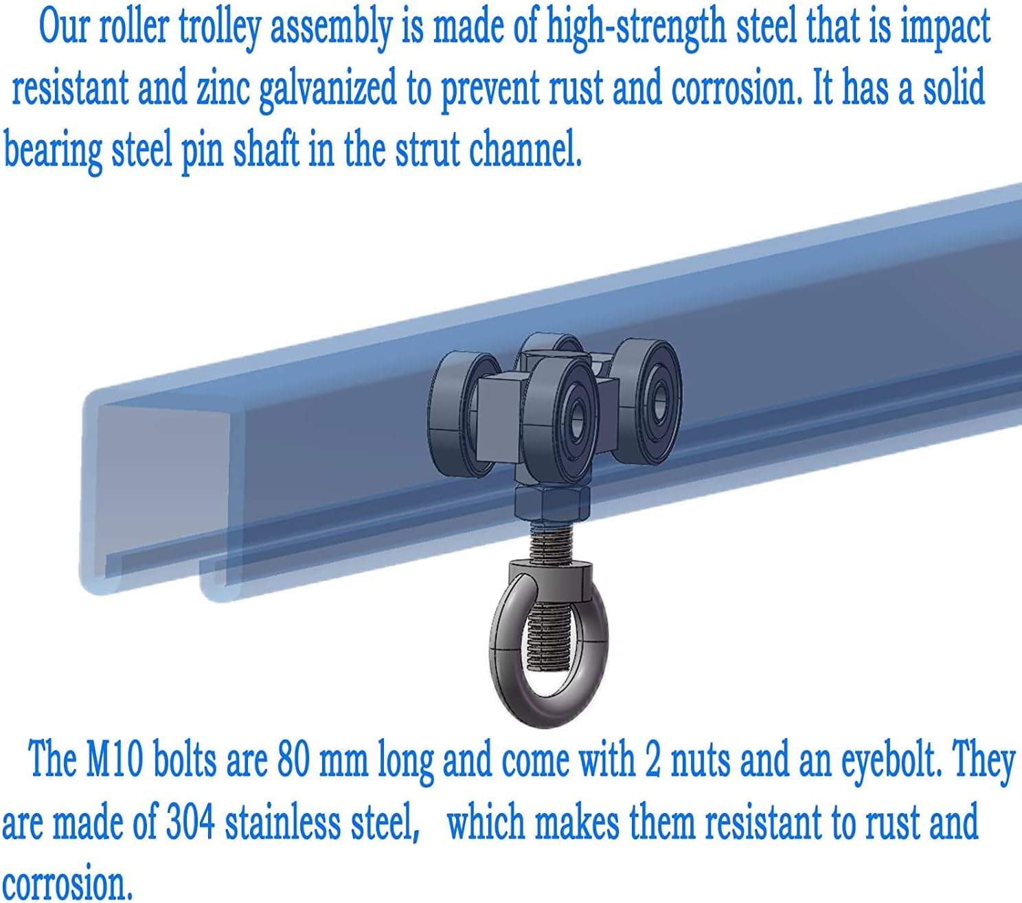 SKTREX 4 Wheel Silent Trolley Assembly Rollers Four Bearing Trolley Assembly for 1-5/8" Wide and All 1-5/8" or Taller unistrut Strut Channel with M10 Bolt and Lifting Eye Nuts