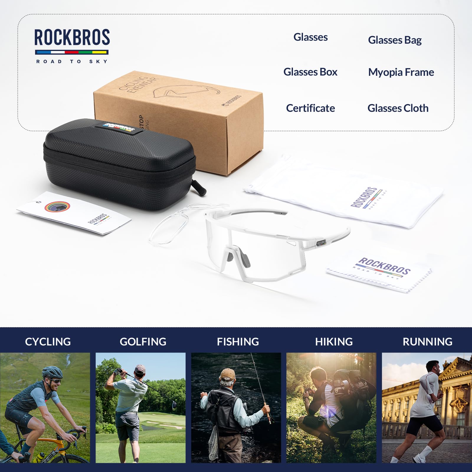 ROCKBROS Road-to-Sky Okulary Rowerowe Fotochromowe Okulary Przeciwsłoneczne Okulary Kolarskie Samoprzyciemniające się UV400 Okulary Sportowe MTB Ramka Myopia TR90 Unisex Baseball Bieganie Golf Biały