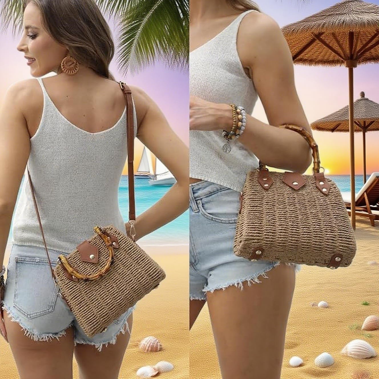 ZIDE Straw Crossbody for Women Woven Summer Beach Handmade Wicker Rattan Bamboo Joint Bag Boho Satchel for summer Holiday - Image 2