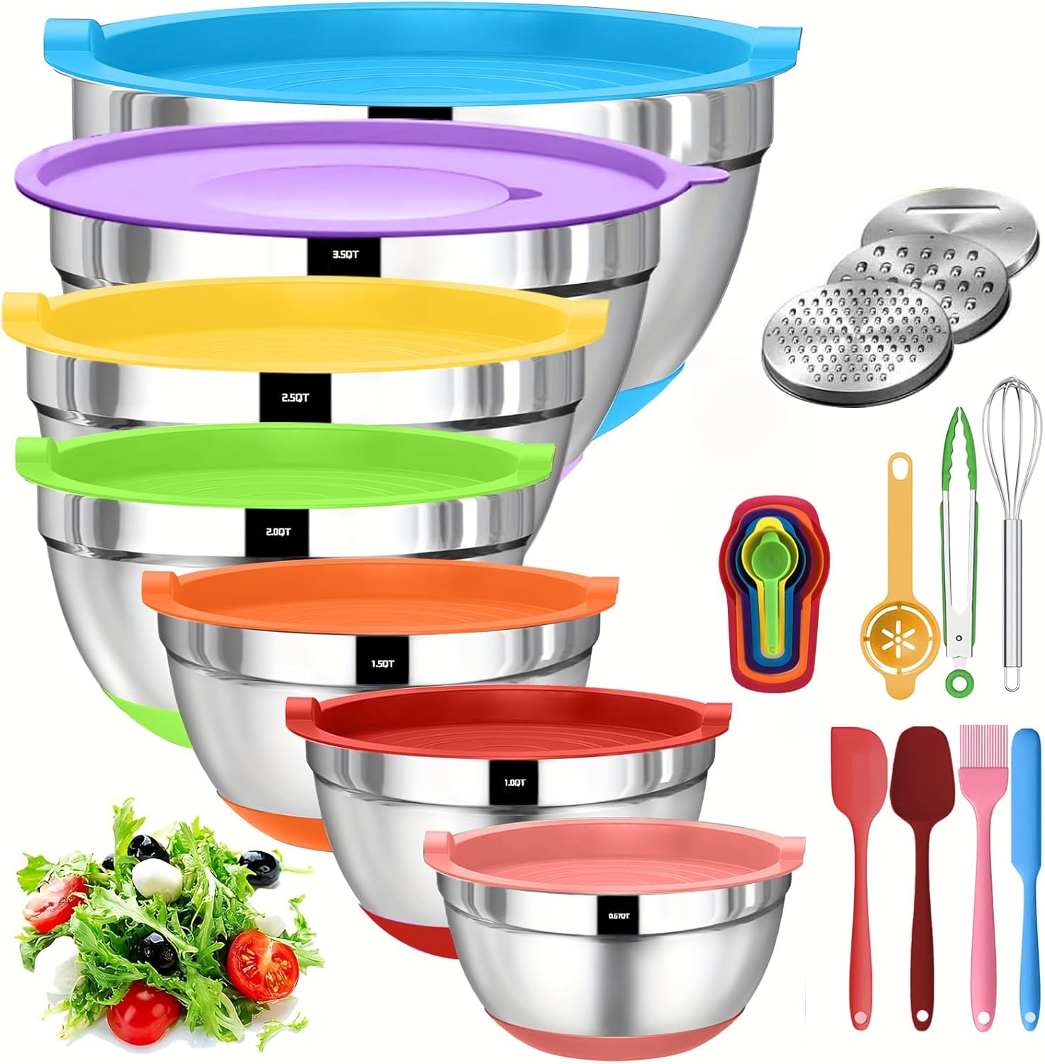 Mixing Bowls with Lids Set,7PCS Stainless Steel Bowls with 3 Grater Attachments and Measuring Spoons,Ideal for Kitchen Cooking & Serving,Non-slip Bottoms Size 6, 4, 3, 2.1,1.5,1,0.63QT (Multicolor)