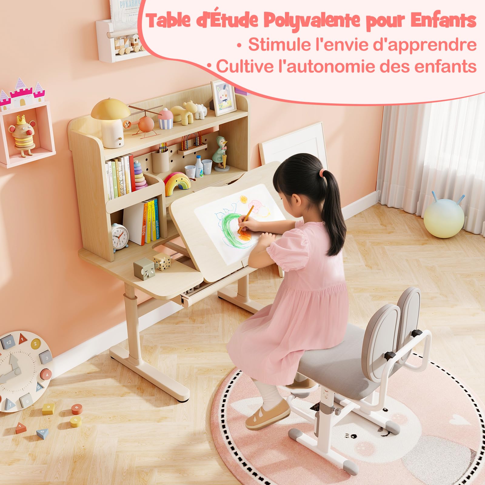 COSTWAY Bureau Enfant Fille Garcon avec Hauteur Réglable, Table Enfant avec Plateau Inclinable, Bibliothèque, Étagères, Tiroir, Support de Livre, Porte-Stylo, Charge 80 kg, pour 3-12 Ans (Naturel)