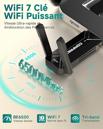 COMFAST BE6500 Clé WiFi 7 Puissante, Tri-Bande 6GHz / 5GHz / 2.4GHz Adaptateur USB WiFi Longue Portée, Clé WiFi pour PC USB 3.0 Dongle WiFi, Compatible avec Windows 11/10, MLO, WPA3 - 2