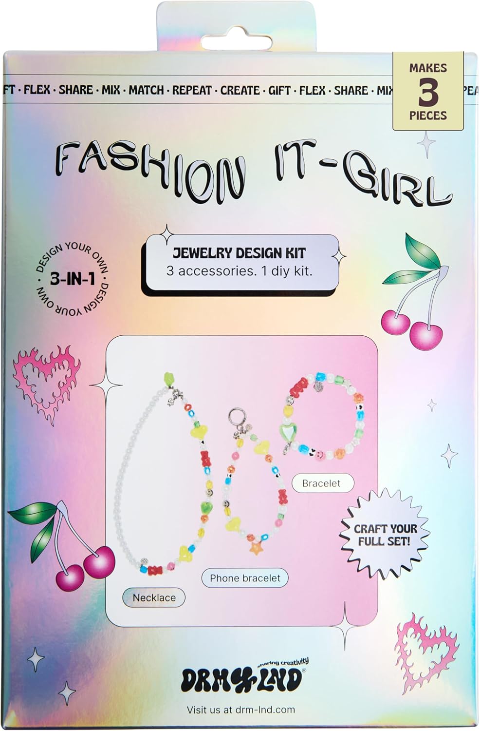 Design Your Own Fashion It Girl 3-in-1 Jewelry Box – DIY Jewelry Making Kit with 70 Trendy Beads, 7 Charms & Threads to Create Necklace, Bracelet & Phone Strap, Bold Y2K Creative Gift Box