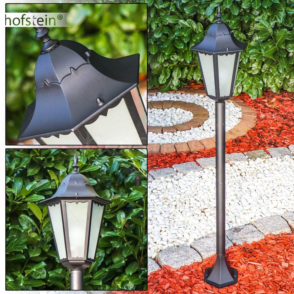 Lámpara de exterior Hongkong Frost, lámpara de pie de aspecto antiguo, aluminio fundido en negro mate con cristales esmerilados,120cm, lámpara de jardín retro/vintage, E27, IP44, sin bombilla(s)