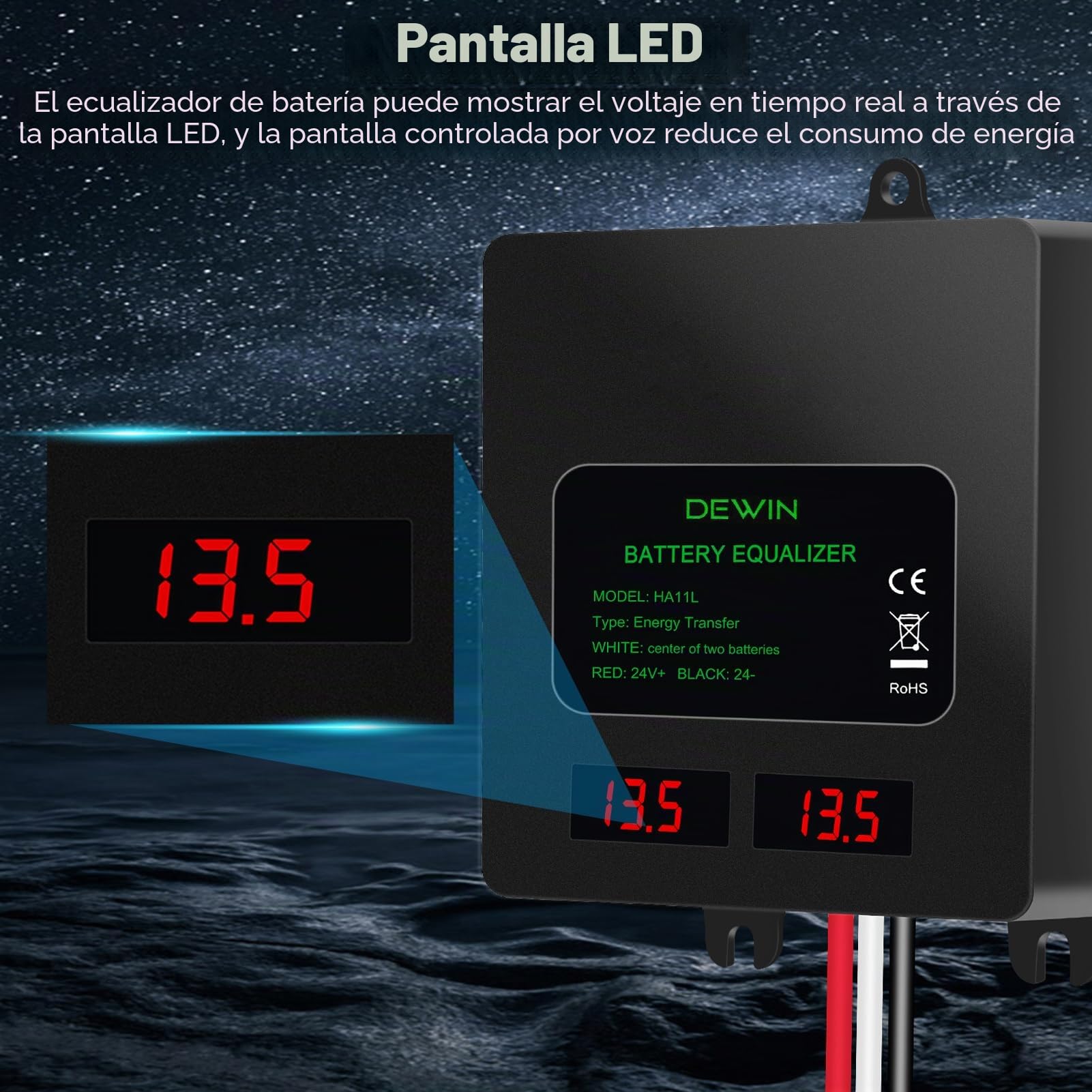 Ecualizador de Batería de 24V Balanceador de Batería de 2x12V, IP67 Ecualizador de Batería para Baterías de plomo-ácido/litio/níquel-hidruro metálico/fosfato de hierro y litio