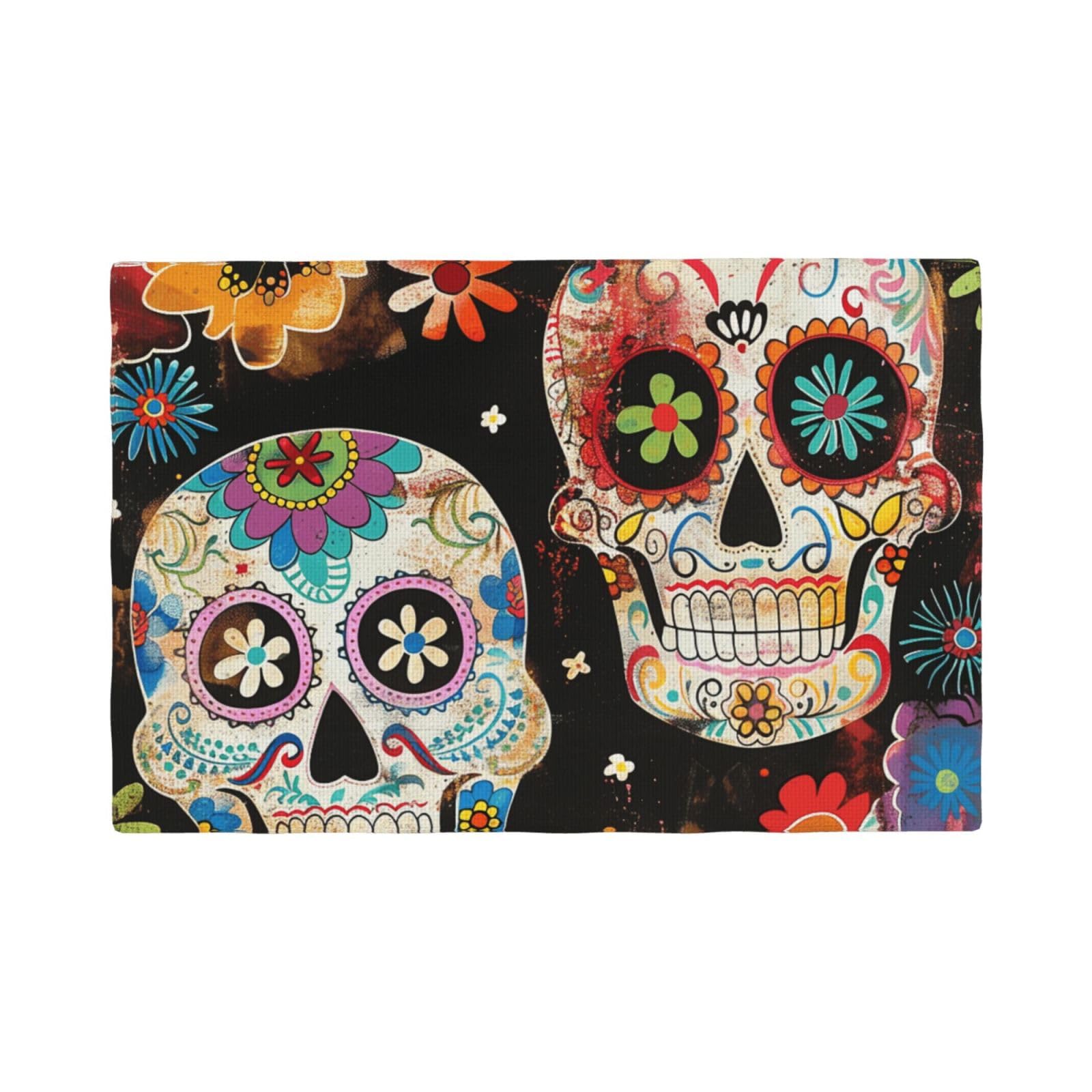 Sugar Skulls Print Placemats Set, Heat Resistant Washable Placemat 12x18in Table Mats for Party Kitchen Dining Table Decoration Indoor Outdoor, Six Piece