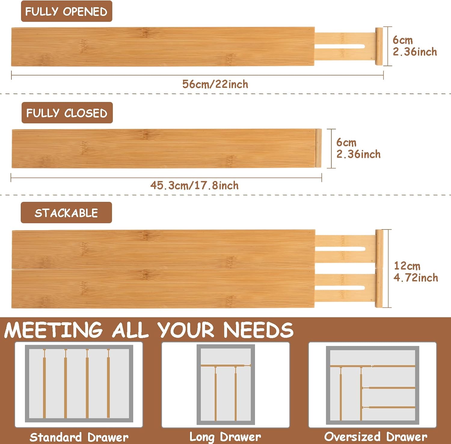 Bamboo Drawer Dividers,Kitchen Drawer Dividers Adjustable,Expandable Drawer Dividers Organizer for Kitchen large Utensils, Dressers Bathroom,Clothes,Office,Drawer Organization Separators(17.7-22 in)