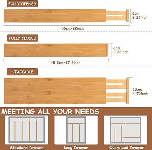 Miniatura 4 de Separadores de cajones de bambú, separadores de cajones de cocina ajustables, organizador de divisores de cajones expandibles para utensilios de