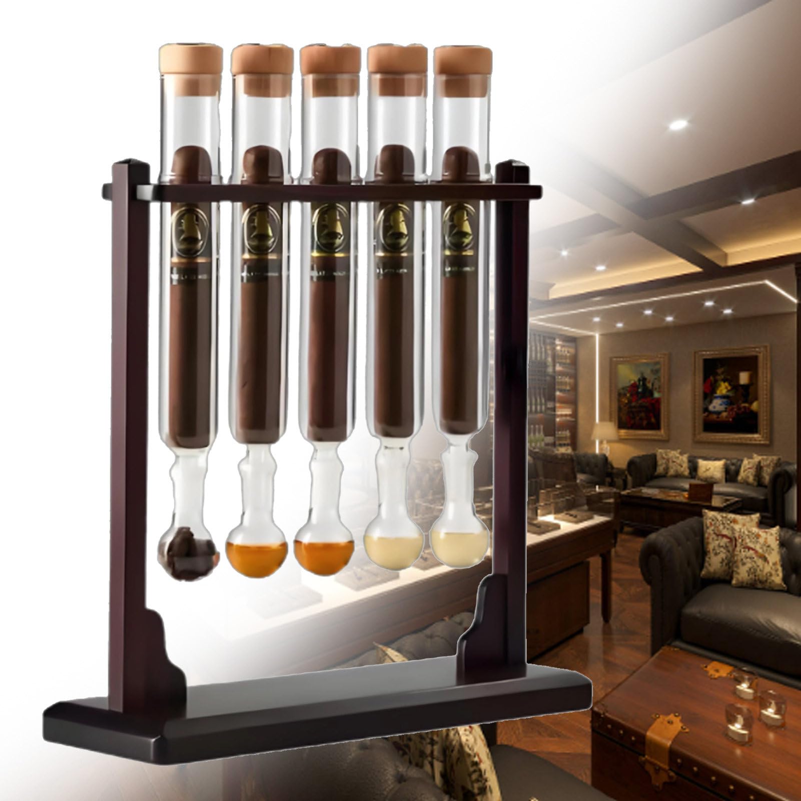 Infusor de sabor a cigarro y sistema de envejecimiento con cámaras de vidrio y soporte