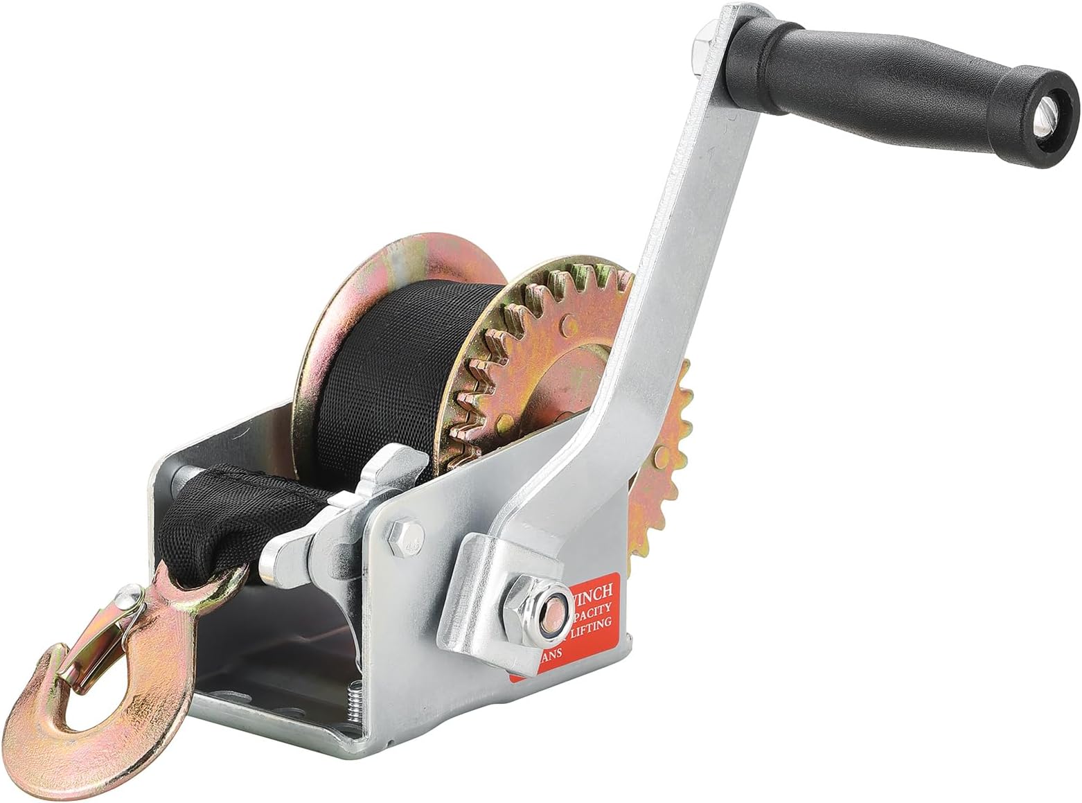 Hand Winch, 800LBS Heavy Duty Boat Trailer Winch with 16FT Strap, Two-Way Ratchet Gear for Trailer Boat Towing with Crank Handle