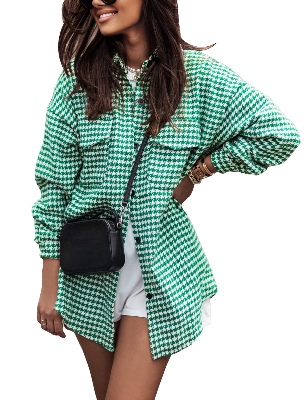 Wyeysyt Women's Houndstooth Shacket Long Sleeve Plaid Jacket Casual Cardigans Trench Shirt Fashion Button Down Outwear Coat