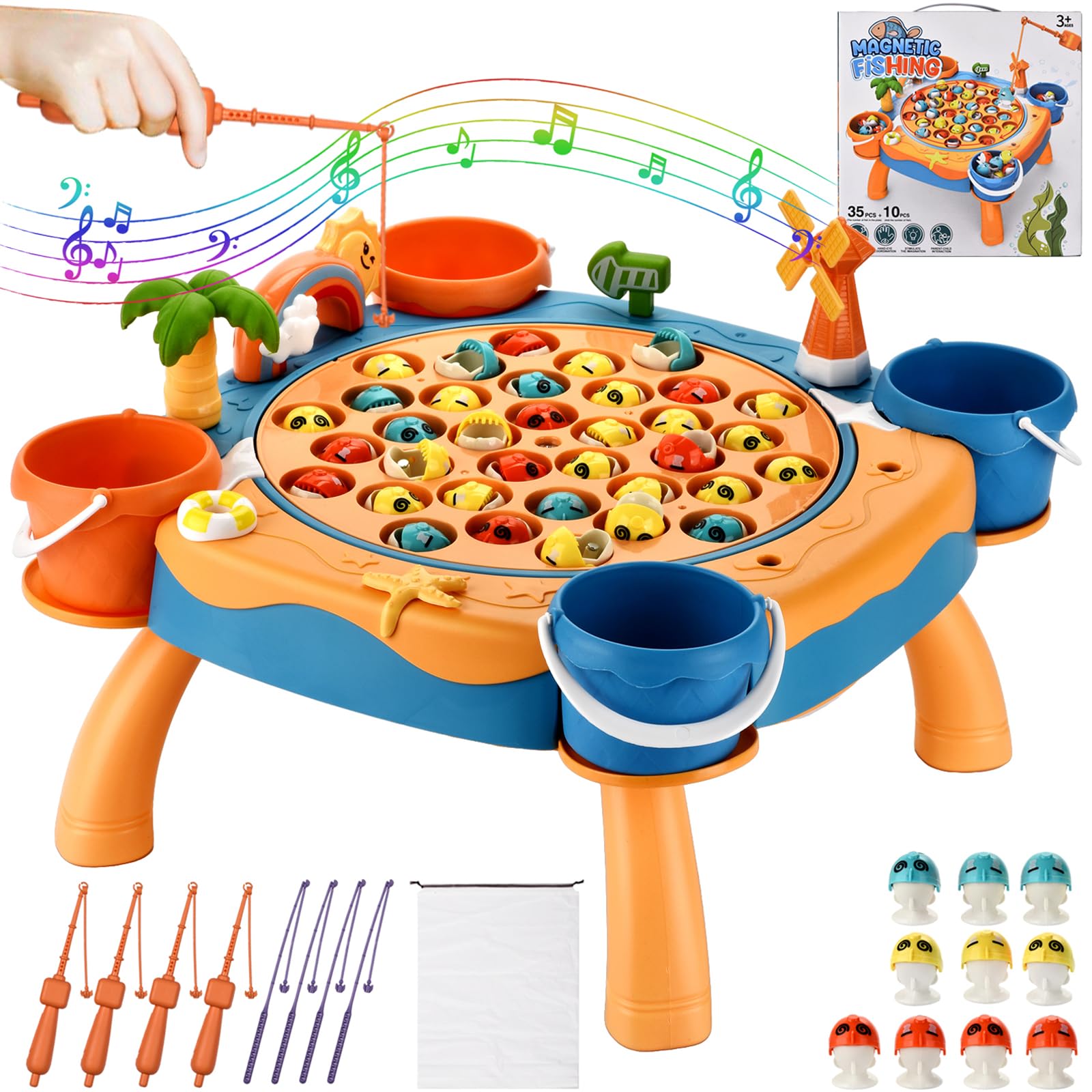Magnetic Fishing Game - Fishing Toy with 45 Fish, 8 Fishing Poles, 4 Support Feet, Rotating Board, On-Off Music - Classics Fish Toys for Toddlers & Kids Age 3 4 5 6 7 8 and Up (Blue)