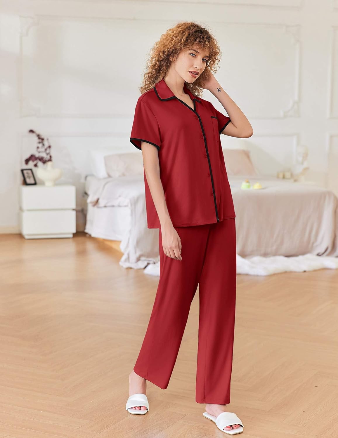 Ekouaer Women Pajamas Button Down Notch Collar Soft Short Sleeve Pjs with Long Pant Lounge Set - Image 3