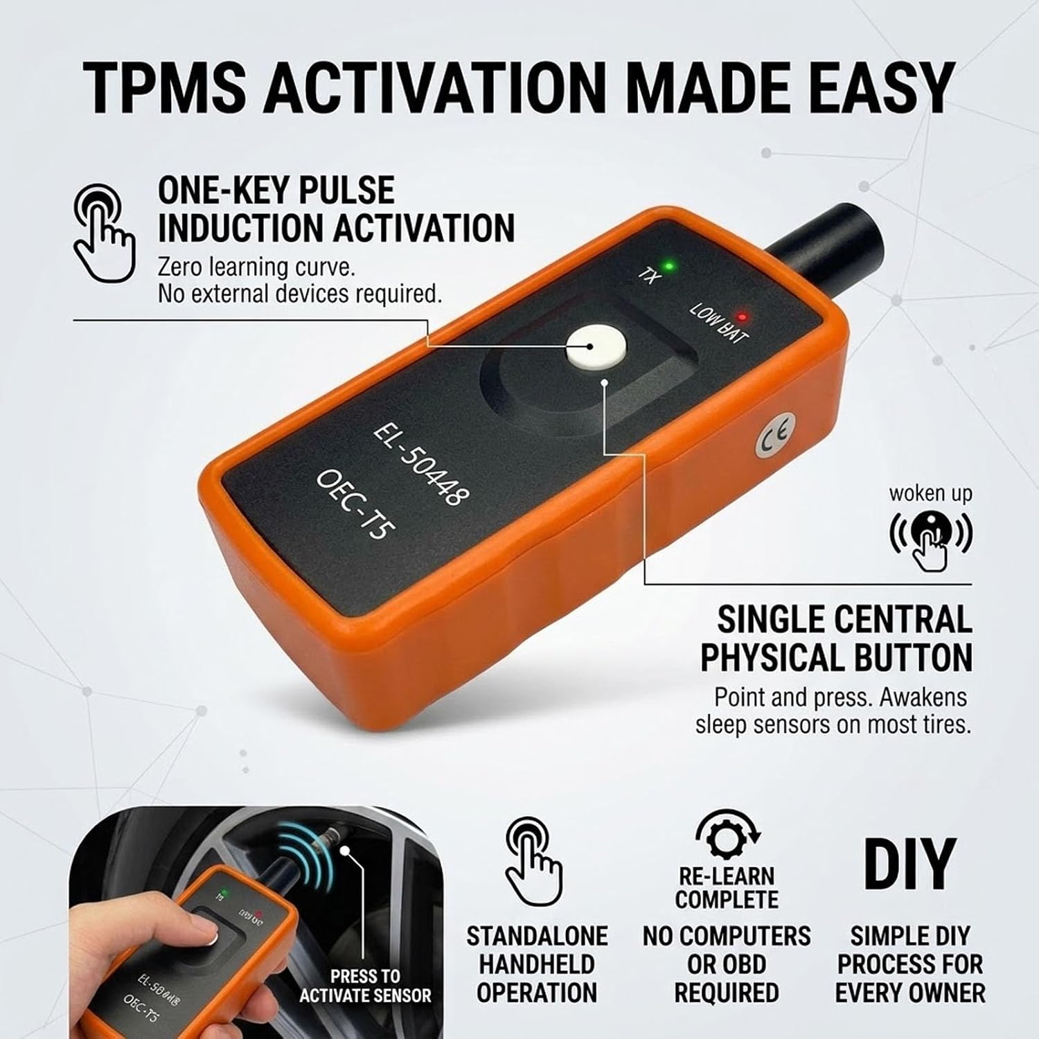 TPMS Relearn Tool, Tire Sensor Programming Device, TPMS Reset Tool for Tire Pressure Sensor Activation, Diagnostic Training Module for Cars Trucks SUVs, Vehicle Monitoring Accessories (Orange)