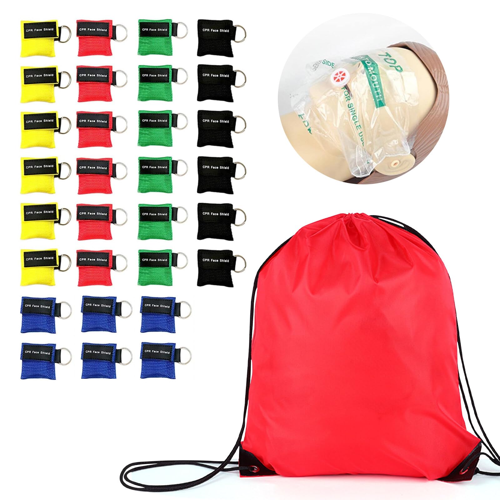 Set of 30 CPR Mask&amp; Red Bag, CPR Shield Mask Emergency Mask Key Chain Ring, CPR Keychain with One-Way Valve Breathing Barrier for First Aid or AED Training