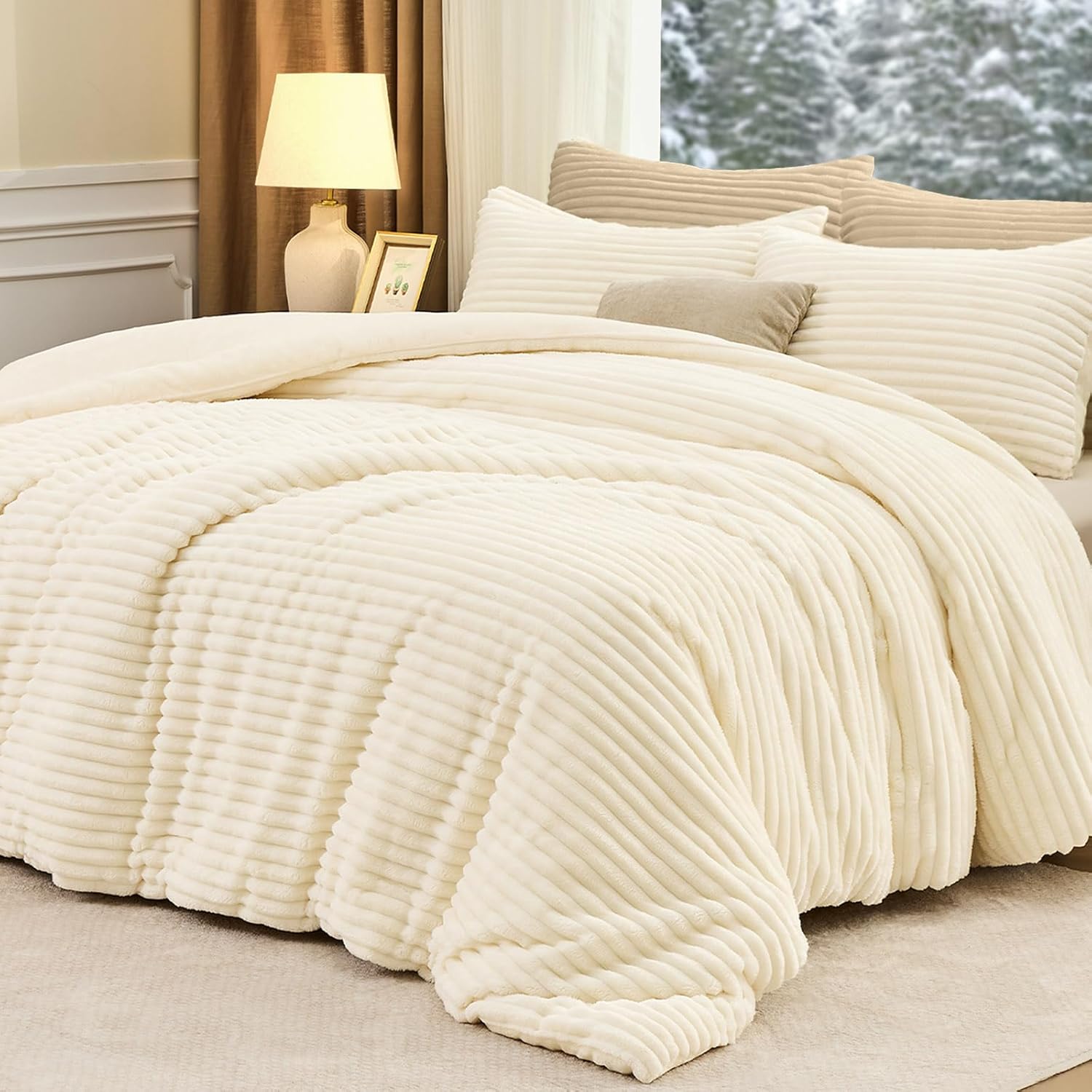 FUANNA Fluffy Queen Comforter Set 3 Pieces - Super Soft & Warm Fleece Queen Bed Set Cream White, Fuzzy Heavy Bed in a Bag Queen for Winter with 1 Comforter & 2 Pillowcases
