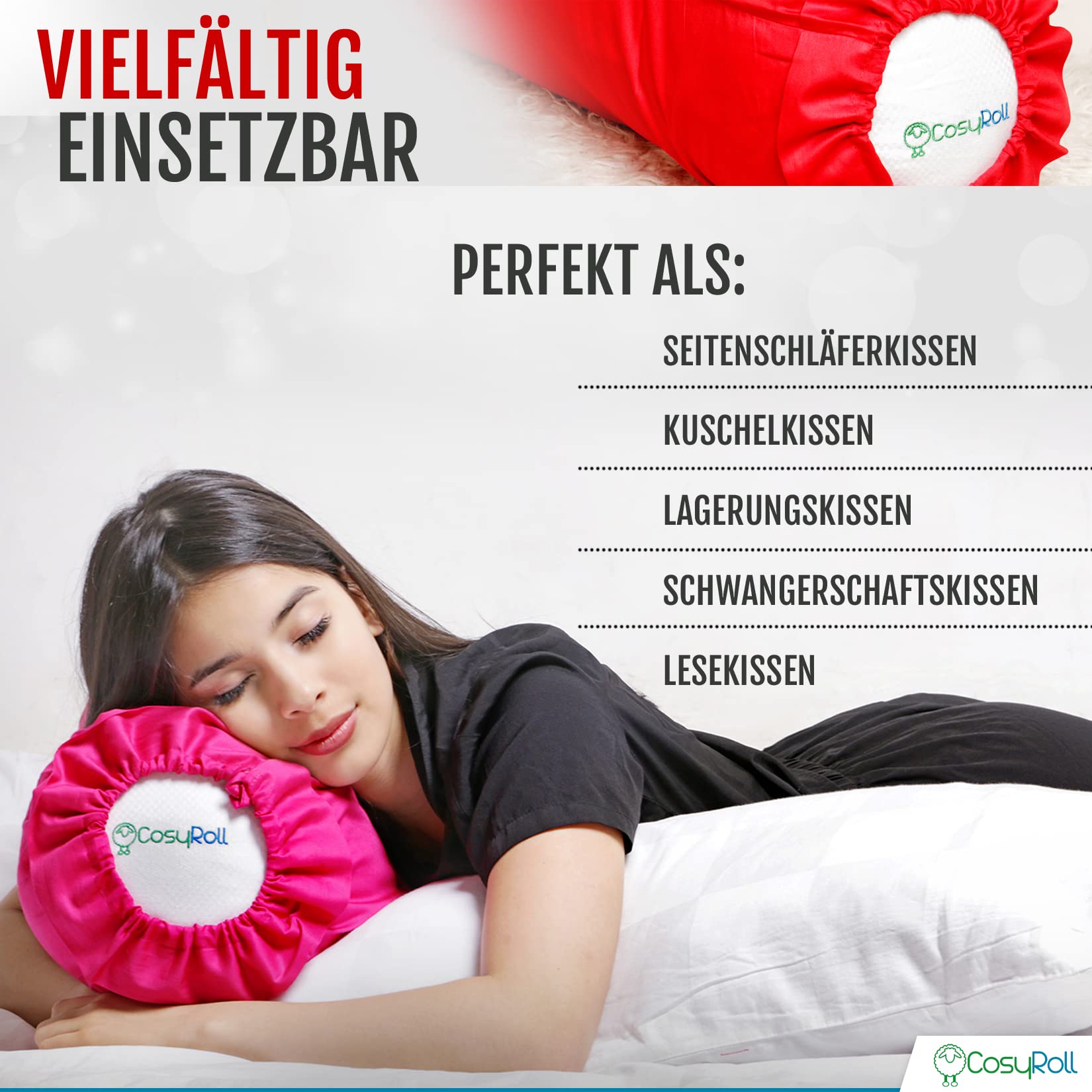 Original CosyRoll® Seitenschläferkissen & Kuschelkissen | Besser schlafen Kissen | 100% Baumwolle & Füllung aus Mikrofasern | 90cm x 30cm | Kissen mit Bezug Peony (Farbe: Pink)