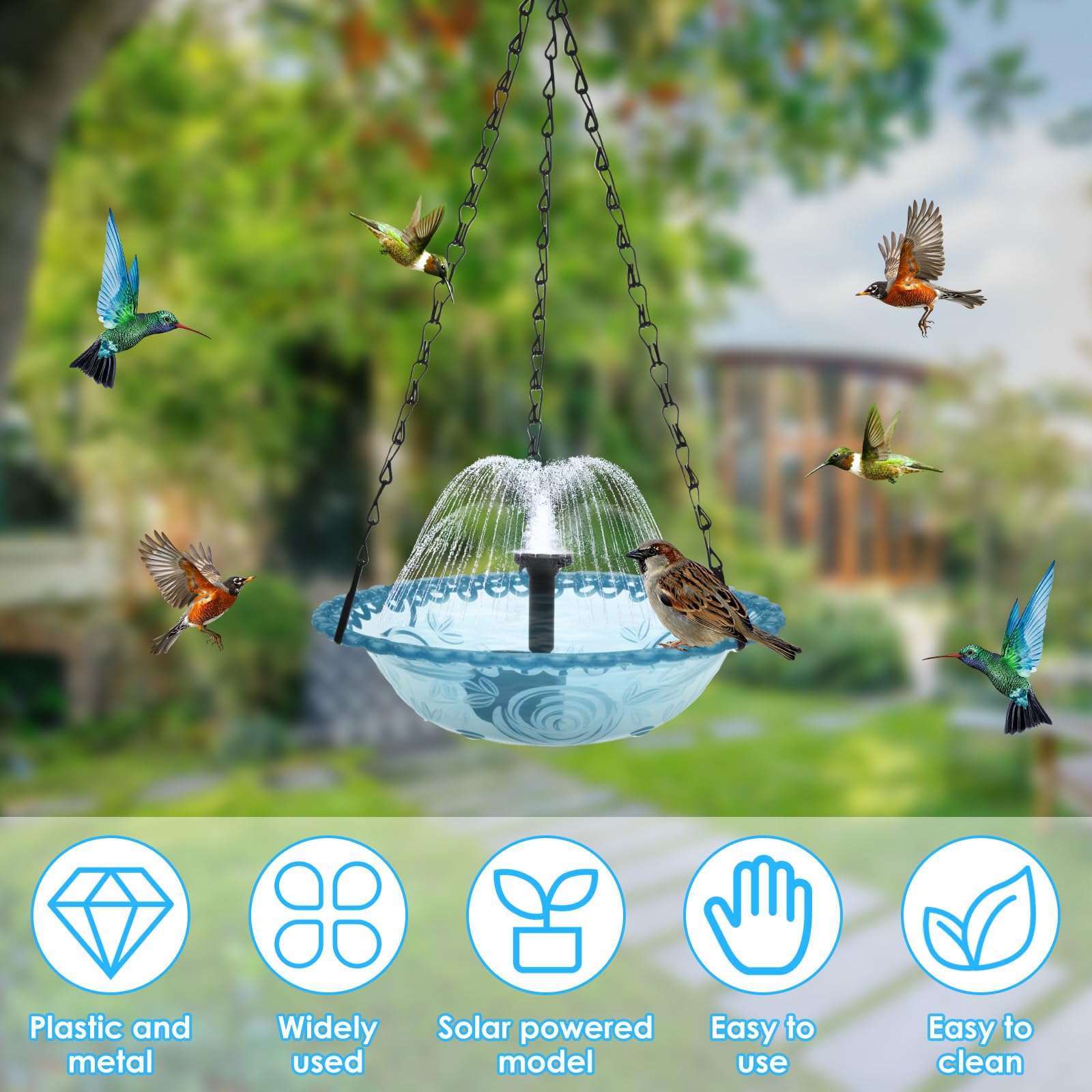 Abbeveratoio per uccelli da appendere, a energia solare con fontana per esterni, gancio in metallo, distributore di mangime per colibri, stazione per mangimi per animali selvatici, decorazione da