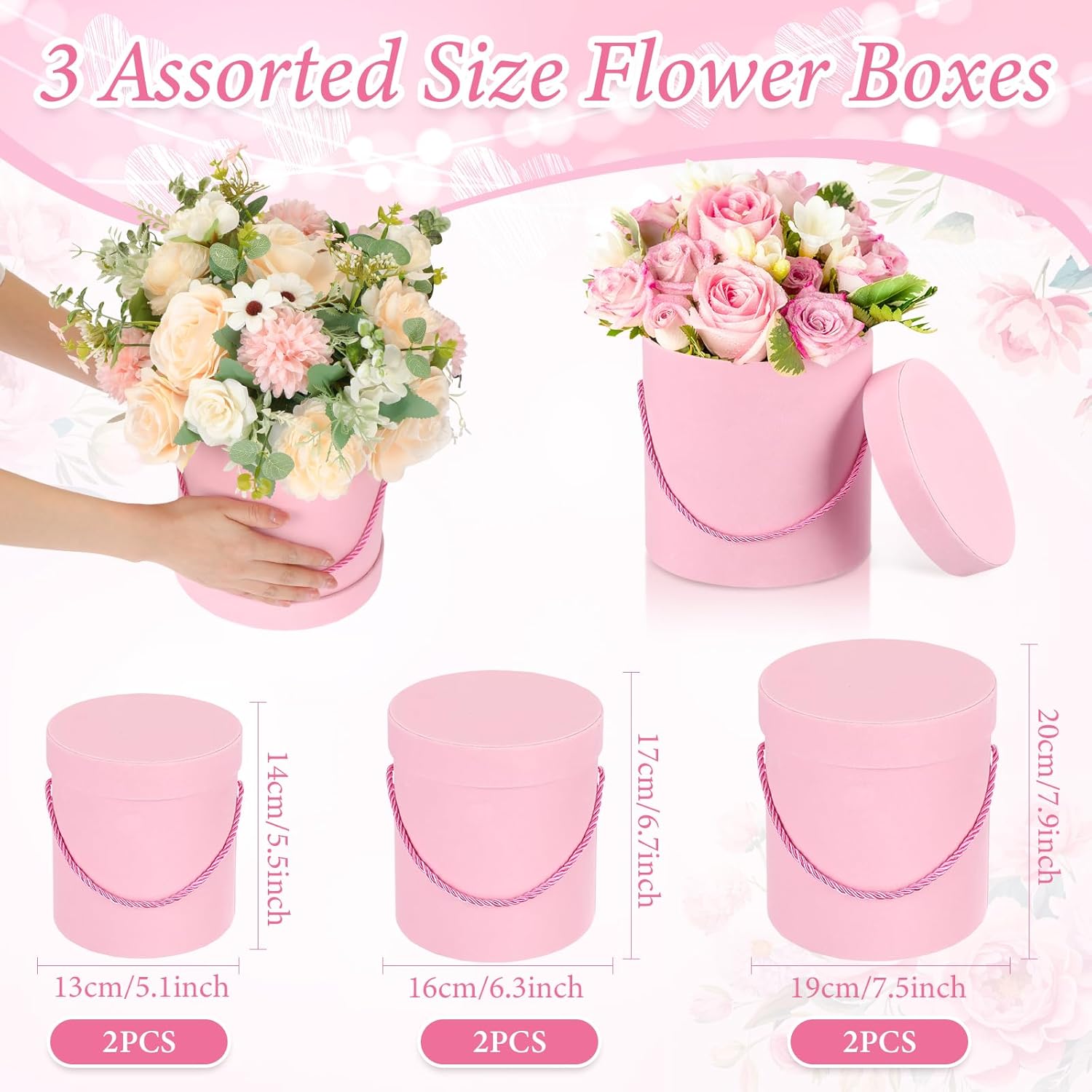 Uiifan 6 Pcs Velvet Round Flower Box with Lids Velvet Nesting Gifts Box with Handle for Mother's Day Wedding Holiday Luxury Flower Gift Arrangement Bridesmaid Birthday Party Favor(Pink)