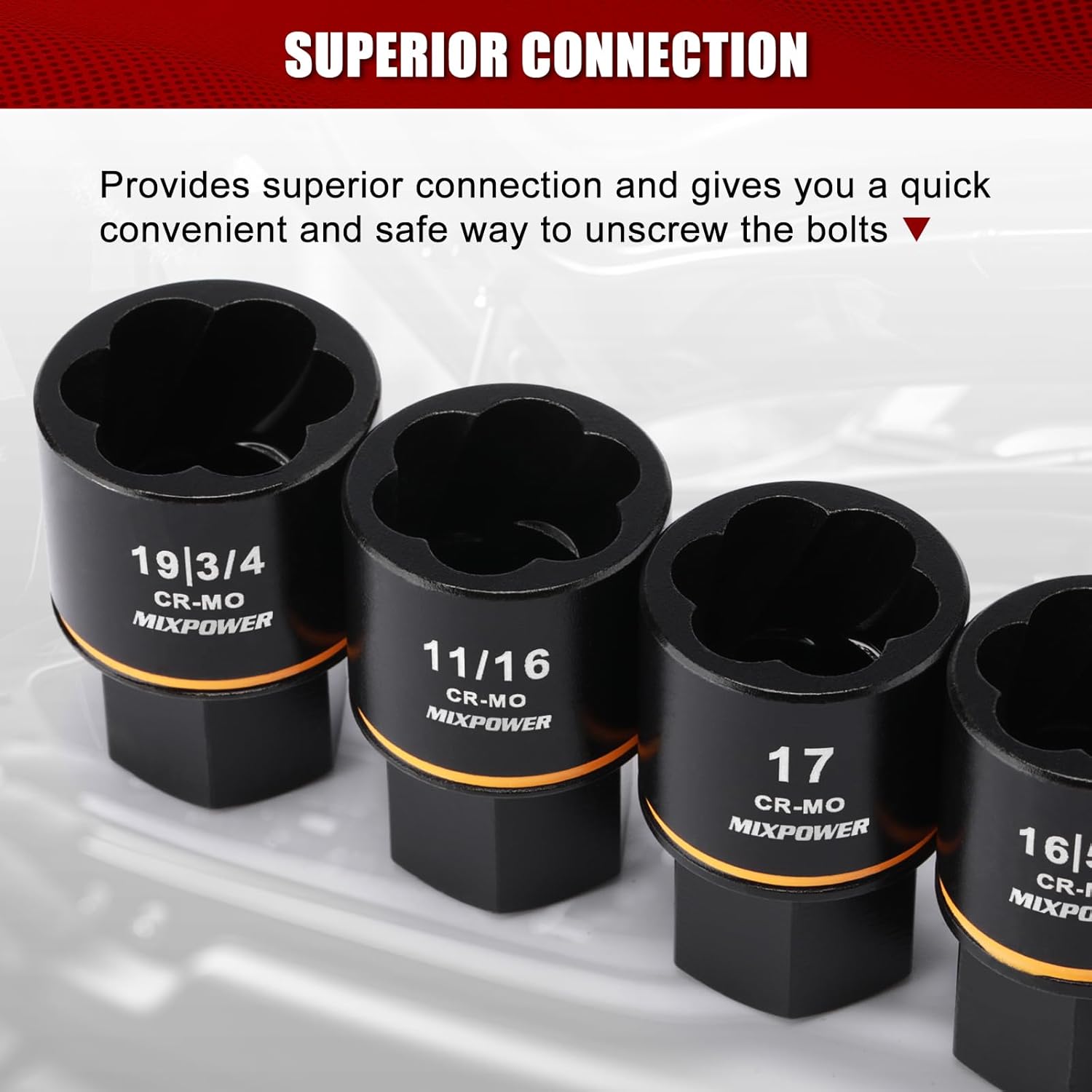 MIXPOWER 17 Pieces 3/8" Drive Bolt Biter Impact Extraction Socket Set,Stripped Bolt Remover Nut Extractor Socket Set for Damaged, Frozen, Rusted, Rounded-Off Bolts,CR-MO Steel