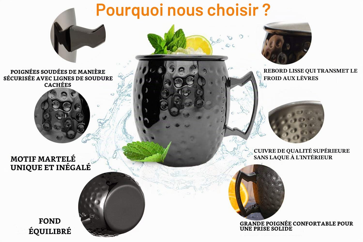 Moscow Mule Mug - Lot de 4 tasses avec double jigger en acier inoxydable plaqué noir 18 oz, parfait pour boisson froide 4 pièces noires.