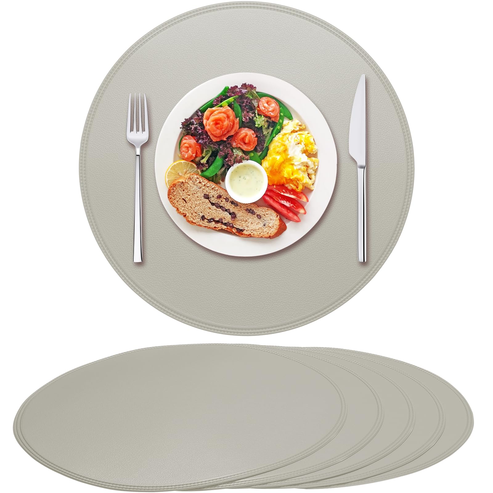 Rinpon Round Vinyl Placemats Set of 6, Faux Leather Waterproof Wipeable Heat Resistant Place Mats, Washable Oil-Proof