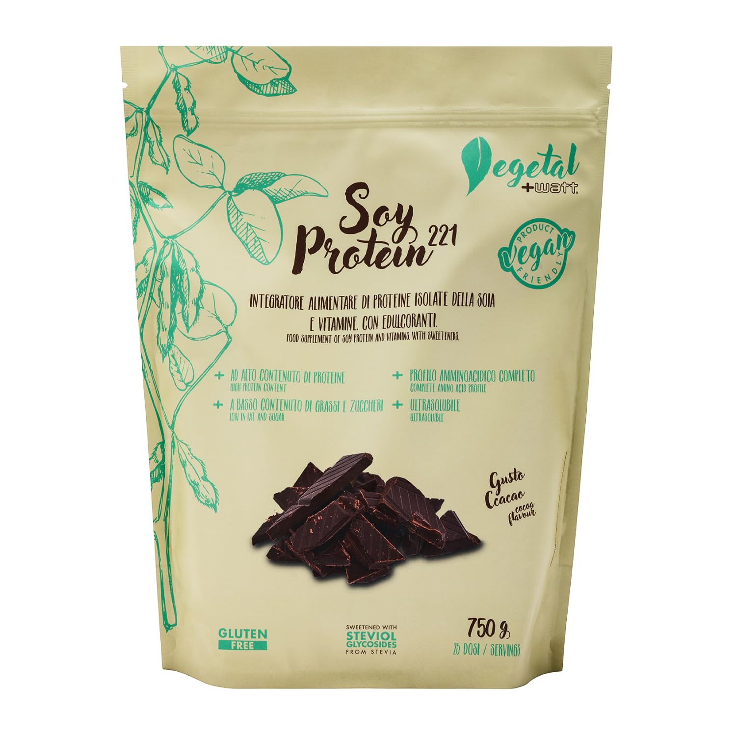 Soy protein 221 Formato 750g - Integratore di Proteine Isolate della Soia con Vitamine - Integratore Gluten Free100% Vegetale - +WATT (Gusto:Cacao)