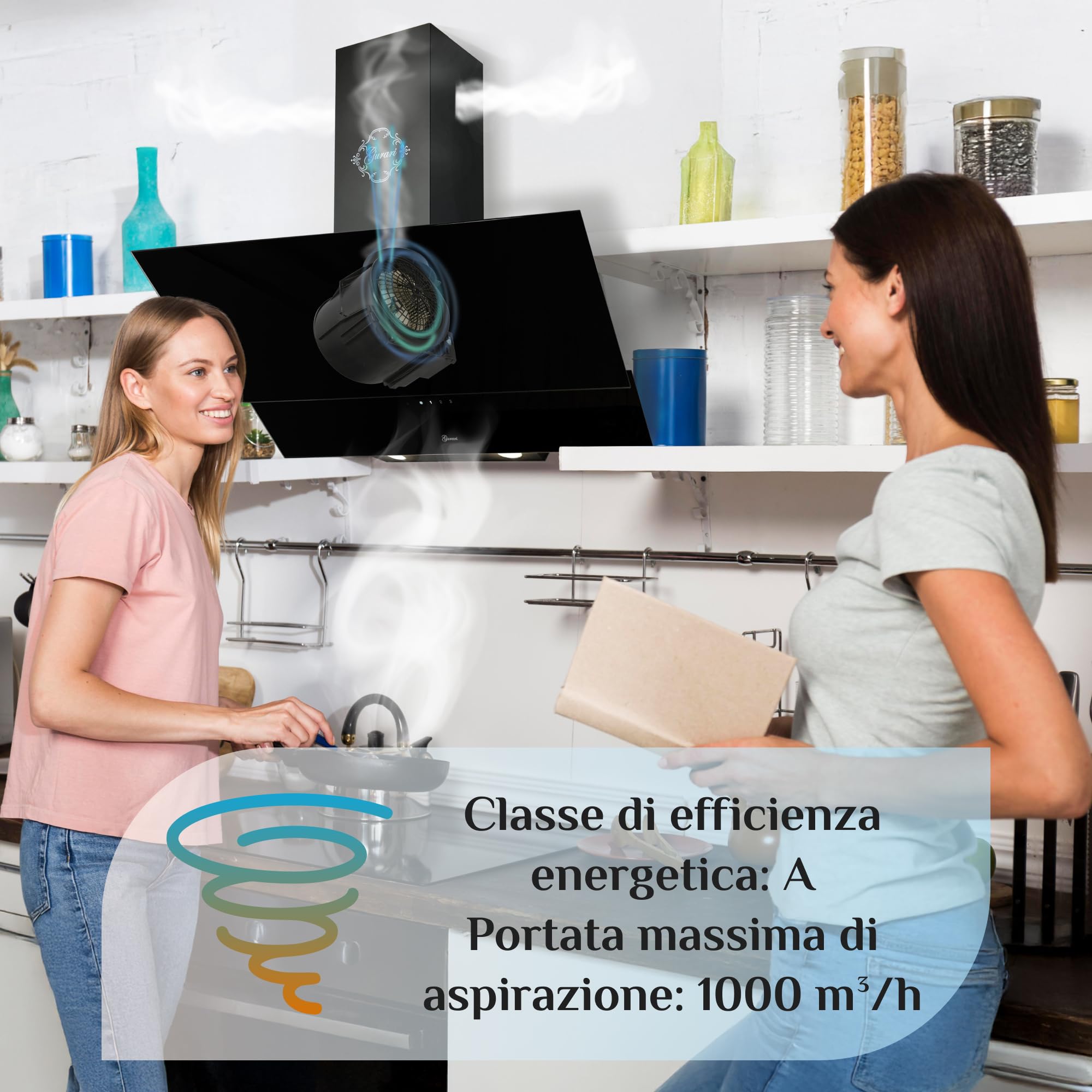 Gurari Dunstabzugshaube 80 cm kopffrei Schwarz Glas GCH 268.8 Abzugshaube Abluft/Umluft | EEK A | Sehr Saugstark 1000m³/h | TouchControl Wandhaube mit Fernbedienung, Timer, Randabsaugung