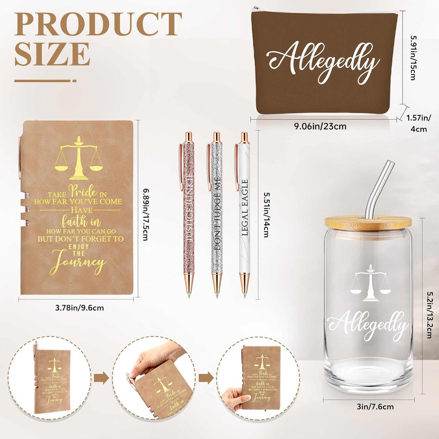 Domensi 6 Pcs Funny Lawyer Gifts Allegedly Essentials for Law School Student 16 oz Glass Cup Tumbler Makeup Bag Notepad Ballpoint for Women Valentine's Day Law Bar Study Paralegal Attorney(Brown) - Image 2